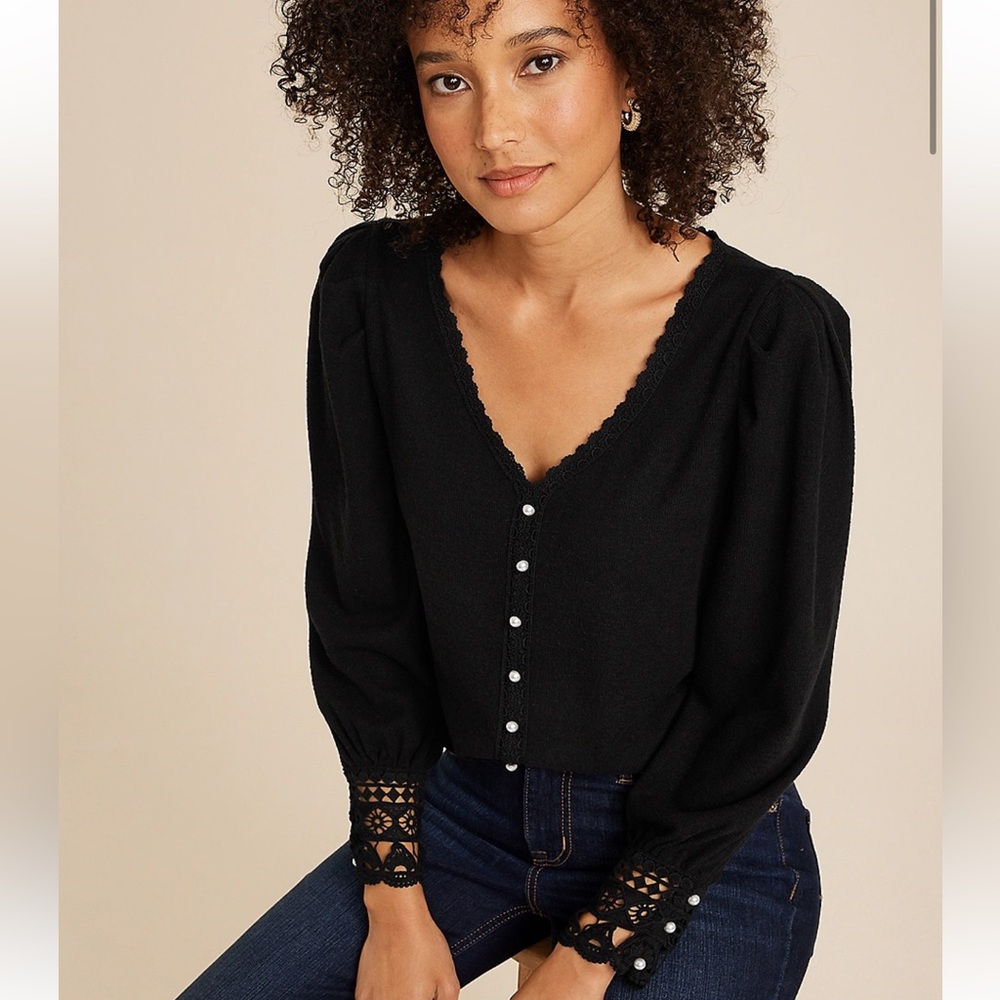 🥑5/$25 NWT Maurices Pearl Button Lace Trim Blouse Black Cottage core‎ Women’s XS
